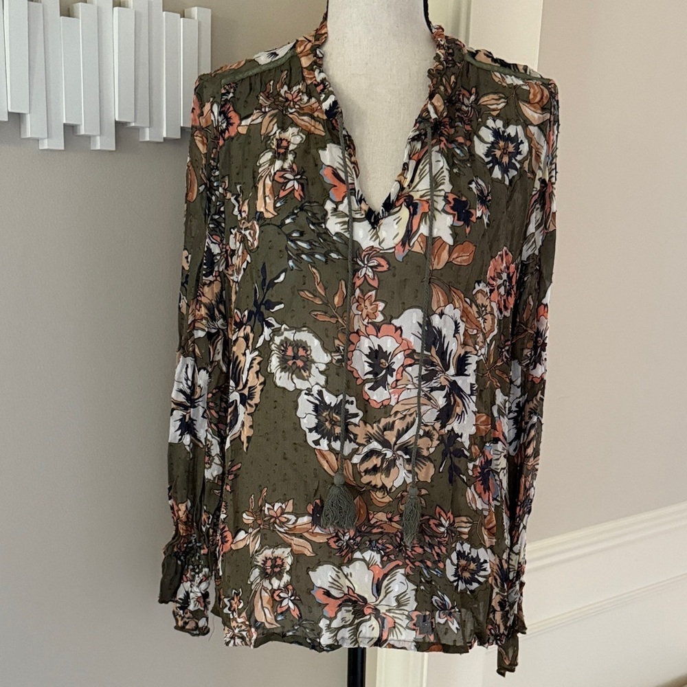 Part Two Copenhagen Olive Green Floral Print Women's Blouse Sz 40 US 10